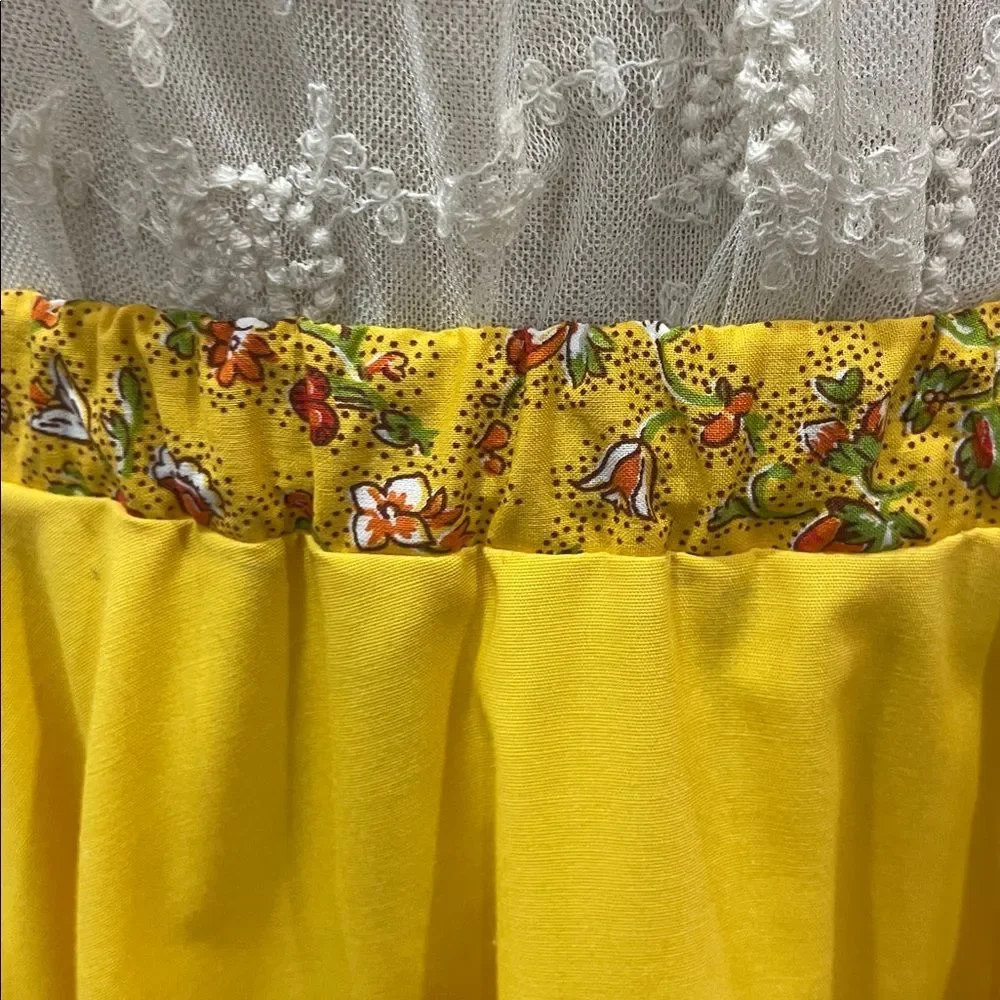 Handmade upcycled bright yellow gold full circle skirt with flounce & ruffle, M - Picture 5 of 6